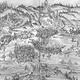 Schwarz-weiß-Zeichnung einer Schlachtszene mit bewaffneten und berittenen Männern und einer Ortschaft im oberen Teil des Bildes