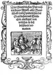 Schwarz-weiß-Druck mit Verzierungen am Rand, oben altdeutscher Schrift und einer Zeichnung, die mehrere Menschen abbildet. 